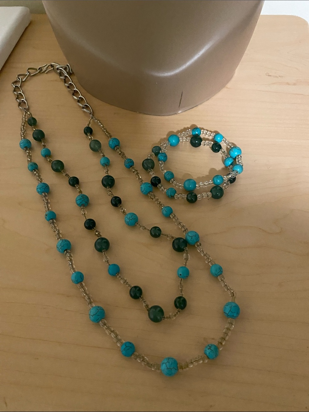 Turquoise & Dark Green Beaded Necklace and Bracelet Set